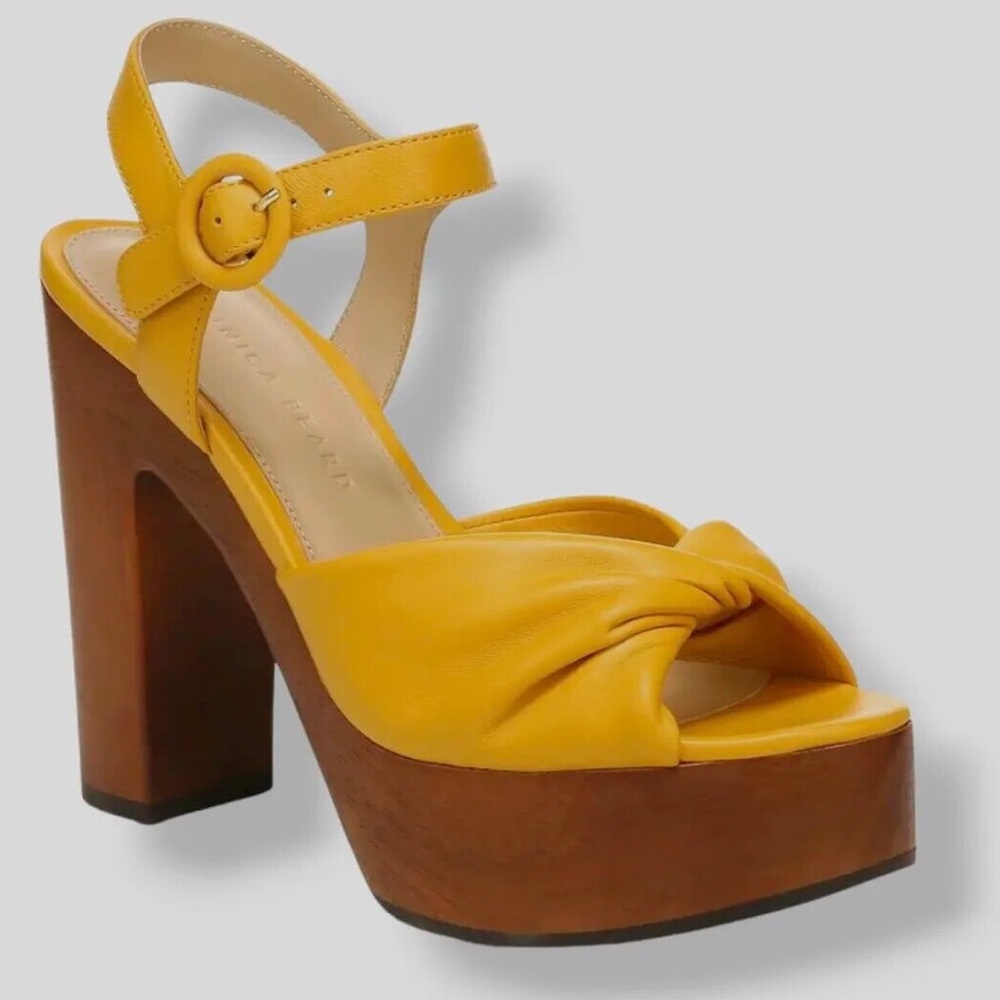 Veronica Beard Gela Twisted Leather Wood Heel Platform Size:9 Color:Yellow NWOB